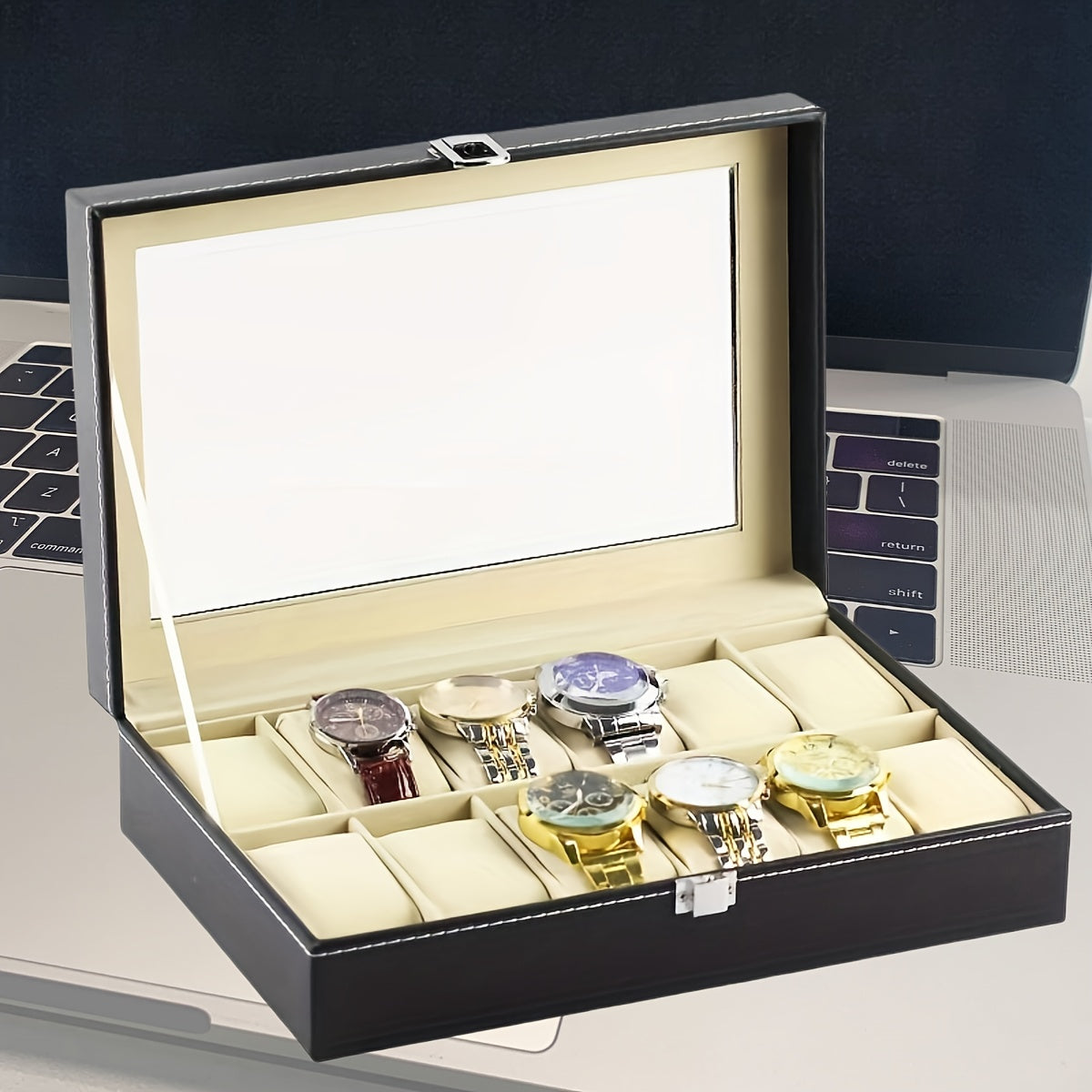 Vetrina per orologi in pelle sintetica con 12 slot e coperchi trasparenti - Scatola classica rettangolare per organizzare gioielli per orologi, braccialetti e accessori, contenitore resistente per la conservazione a tavolino per casa, boutique e regali, c