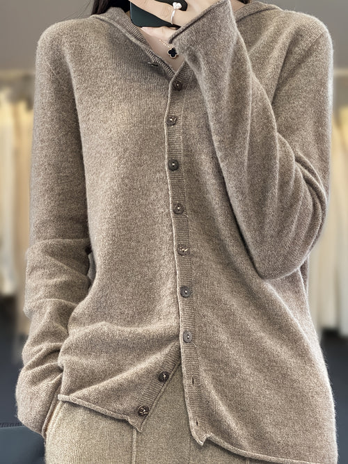 Maglione con cappuccio casual da donna in 100% lana, cardigan lavorato a maglia in lana merino tinta unita, manica lunga, vestibilità regolare, design aperto sul davanti, scelta elegante e calda per l'autunno/inverno, ultra morbido