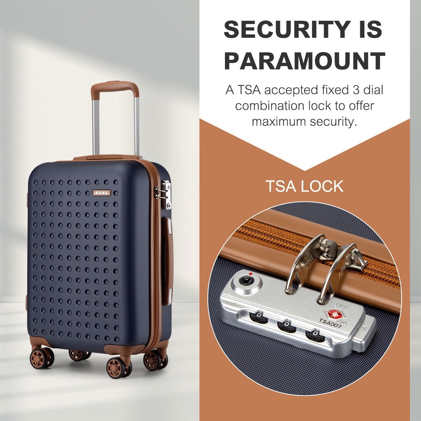 Set di 4 Valigie da 14/20/24/28 pollici Kono Elegante in ABS+PC a Pois con Guscio Rigido e Serratura TSA, Set di 4 Pezzi con Valigetta da Toilette, Bagagli da Viaggio Durevoli con Serratura TSA e Ruote Silenziose