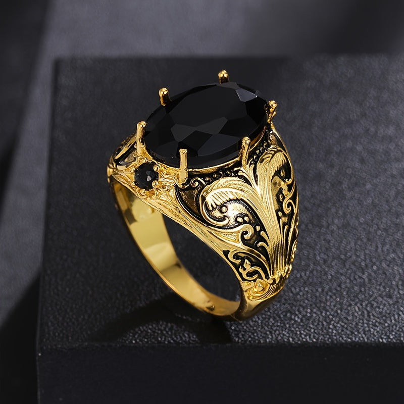 1pz Anello Vintage Stile Maschile, Inserimento in Zirconia Sintetica Ovala Nera, Lavorato in Rame, Finitura Dorata Retro, Elegante Anello Singolo Gioiello Regalo
