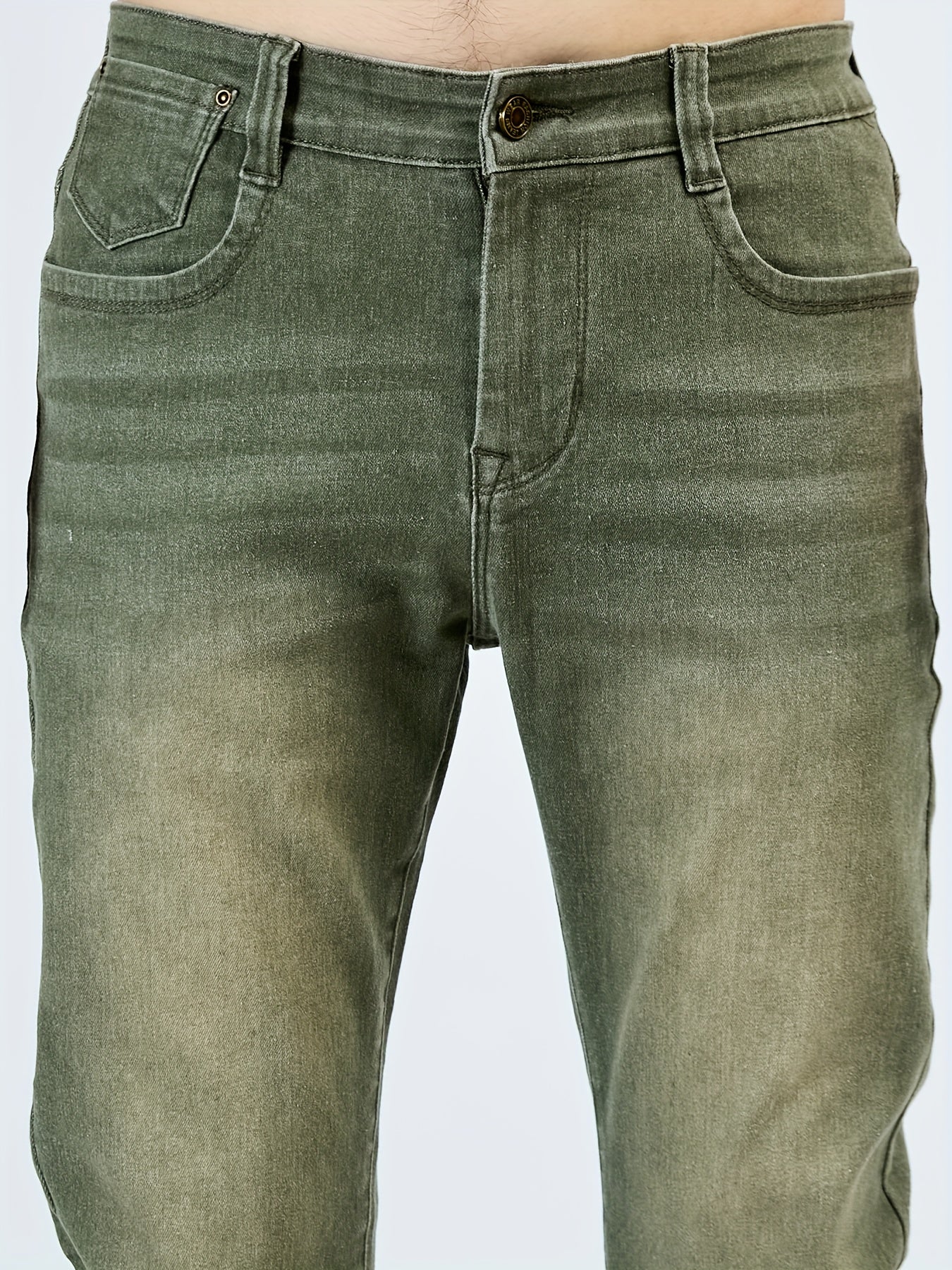 1pezzo Pantaloni casual da uomo slim-fit in denim sintetico, con chiusura a bottoni, comodi per tutte le stagioni, lavaggio leggero, kaki, versatili per abbigliamento casual, abbigliamento confortevole | Slim Fit Faux Denim | Tessuto resistente