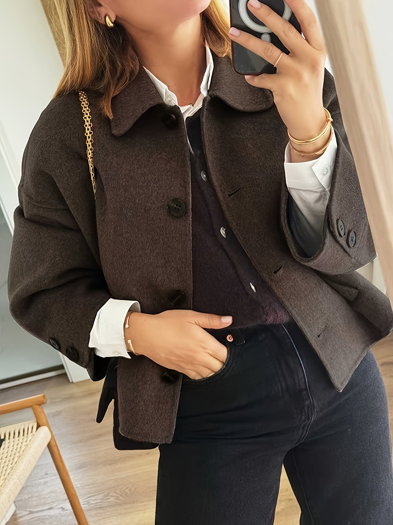 ZD0622917 Giacca Elegante Donna Marrone - Chiusura a Bottoni Classica, Cappotto Sartoriale in H-Shape Strutturato per Ufficio ed Eventi Casual e Formali - Design Stratificato Stagionale con Collo Vintage, Finitura Lucida, Tessuto di Alta Qualità, Abbiglia
