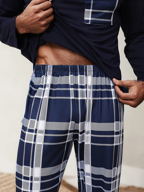 Set Pigiama Casual da Uomo - T-Shirt a Maniche Lunghe con Collo Rotondo & Pantaloni a Quadri, Misto Poliestere Morbido, Perfetto per la Primavera/Autunno