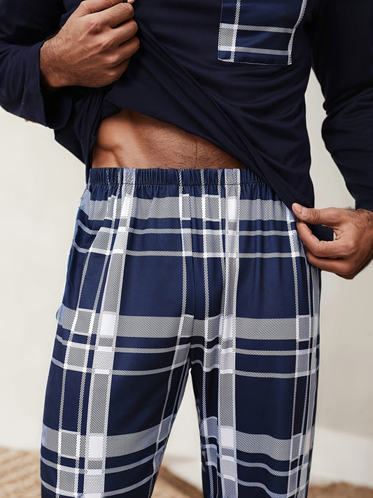 Set Pigiama Casual da Uomo - T-Shirt a Maniche Lunghe con Collo Rotondo & Pantaloni a Quadri, Misto Poliestere Morbido, Perfetto per la Primavera/Autunno