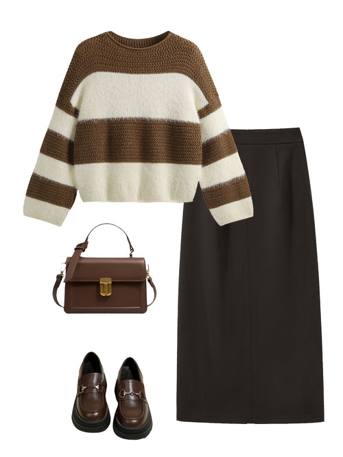 Set di maglione a righe e gonna nera per donna - Abbigliamento accogliente per autunno/inverno, dettaglio con cerniera, look casual chic, abbigliamento casual chic|Modello a righe|Chiusura con cerniera, set di maglione