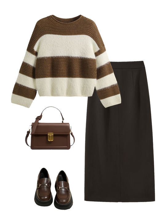 Set di maglione a righe e gonna nera per donna - Abbigliamento accogliente per autunno/inverno, dettaglio con cerniera, look casual chic, abbigliamento casual chic|Modello a righe|Chiusura con cerniera, set di maglione