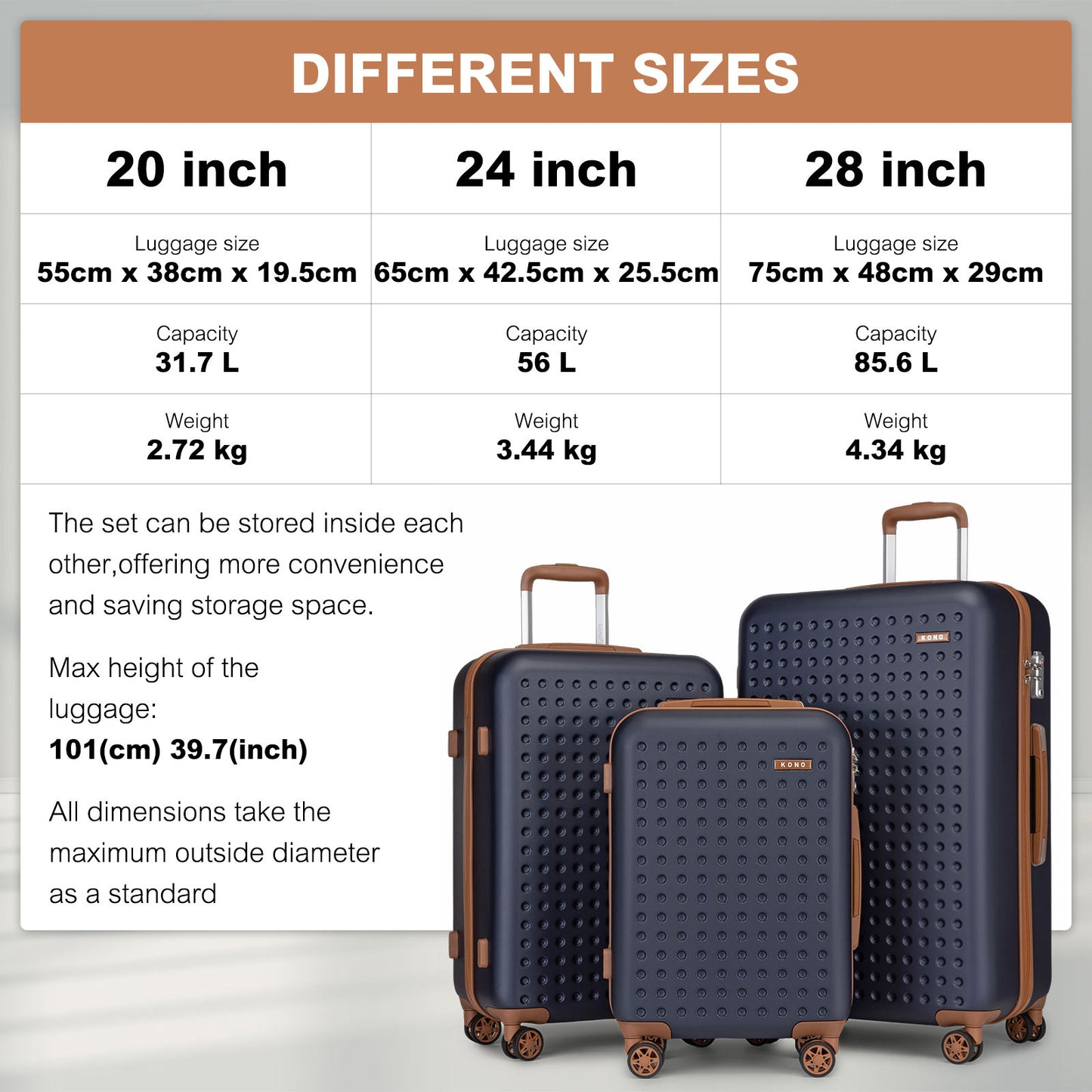 Set di 4 Valigie da 14/20/24/28 pollici Kono Elegante in ABS+PC a Pois con Guscio Rigido e Serratura TSA, Set di 4 Pezzi con Valigetta da Toilette, Bagagli da Viaggio Durevoli con Serratura TSA e Ruote Silenziose