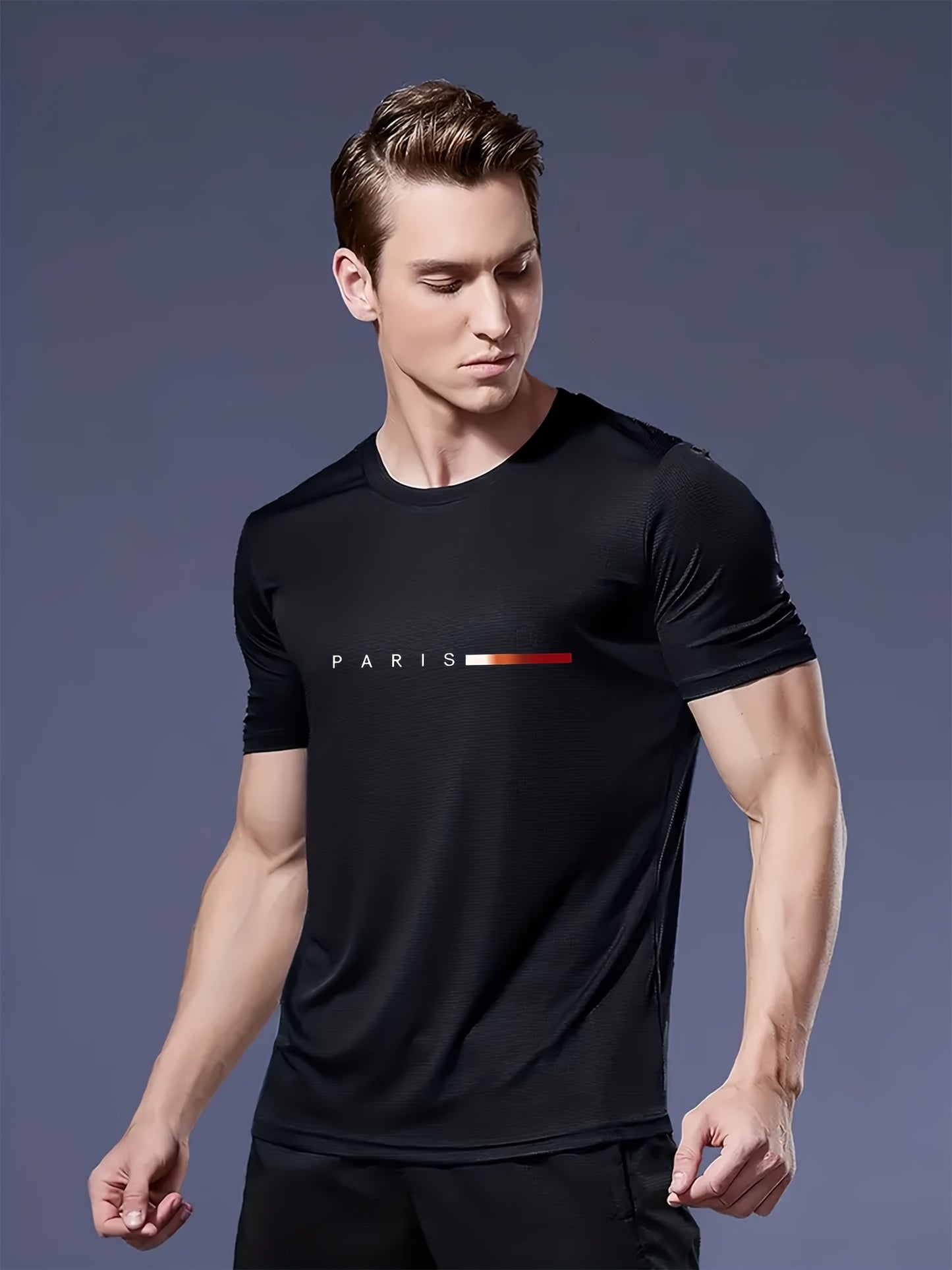3pcs Magliette da uomo leggere con scollo rotondo - Asciugatura rapida, traspiranti, che assorbono il sudore, design stampa Parigi, vestibilità regolare, abbigliamento casual per tutte le stagioni, regalo ideale per gli uomini, maglietta casual | Magliett