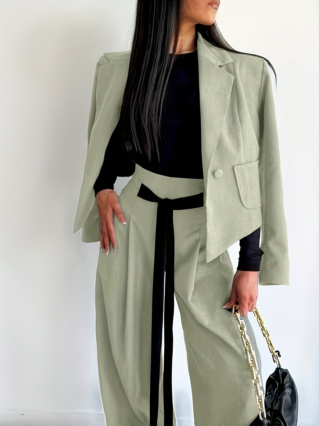 BK052044 Elegant Suit Jacket and Waist-Tie Loose Straight-Leg Wide-Leg Pants Women's Two-Piece Suit