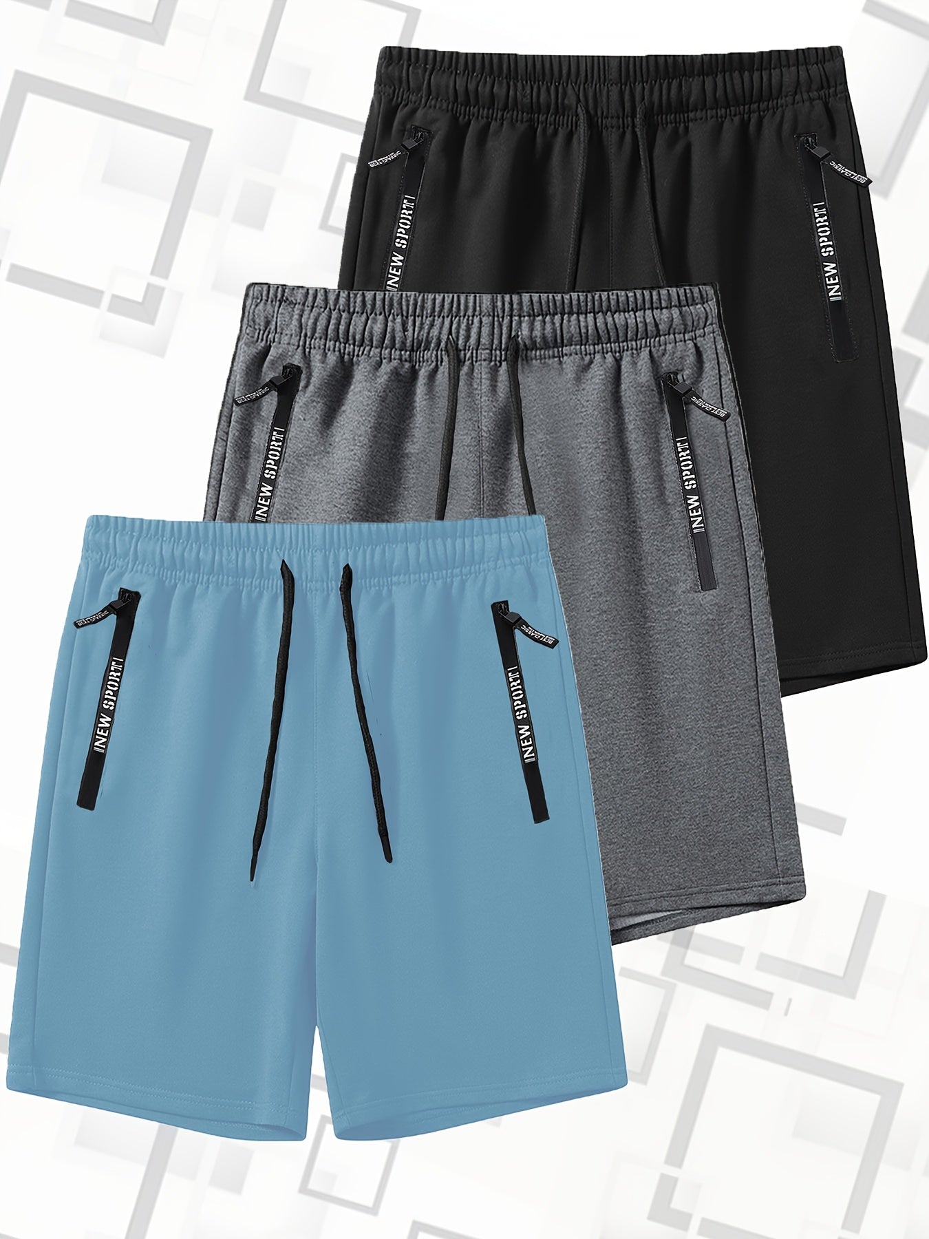 Set di 3 pantaloncini sportivi casual estivi da uomo con elastico in vita e coulisse, con tasche con cerniera, ideali per allenamenti, corsa, palestra e sport all'aria aperta.