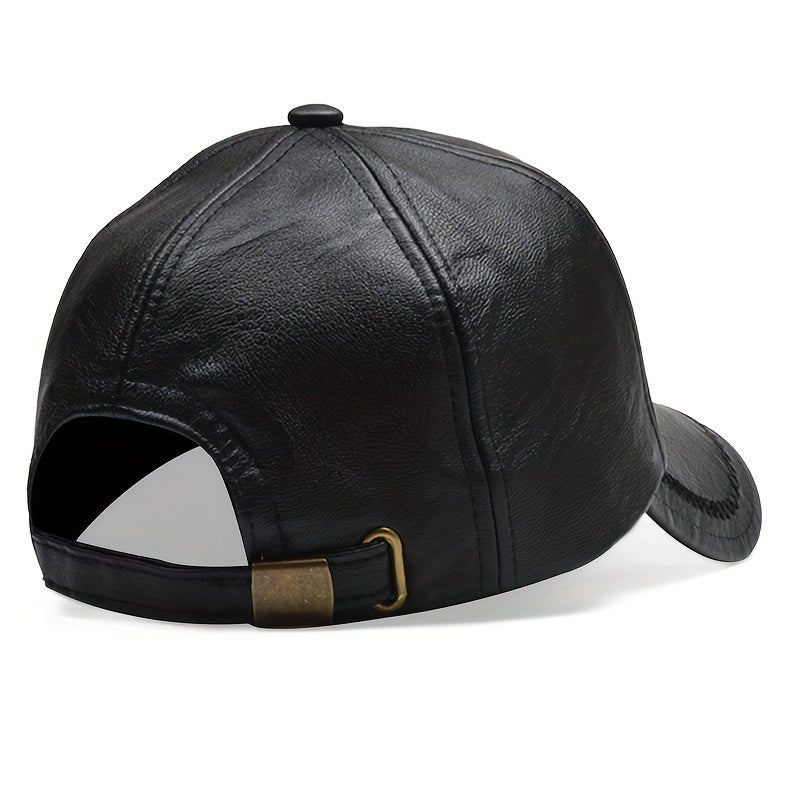 1 Cappello da baseball nero in pelle sintetica con visiera regolabile - Leggero, resistente e traspirante per attività all'aperto, viaggi, feste in spiaggia e abbigliamento casual, cappello da moda primaverile | Cappello da baseball regolabile | Equipaggi
