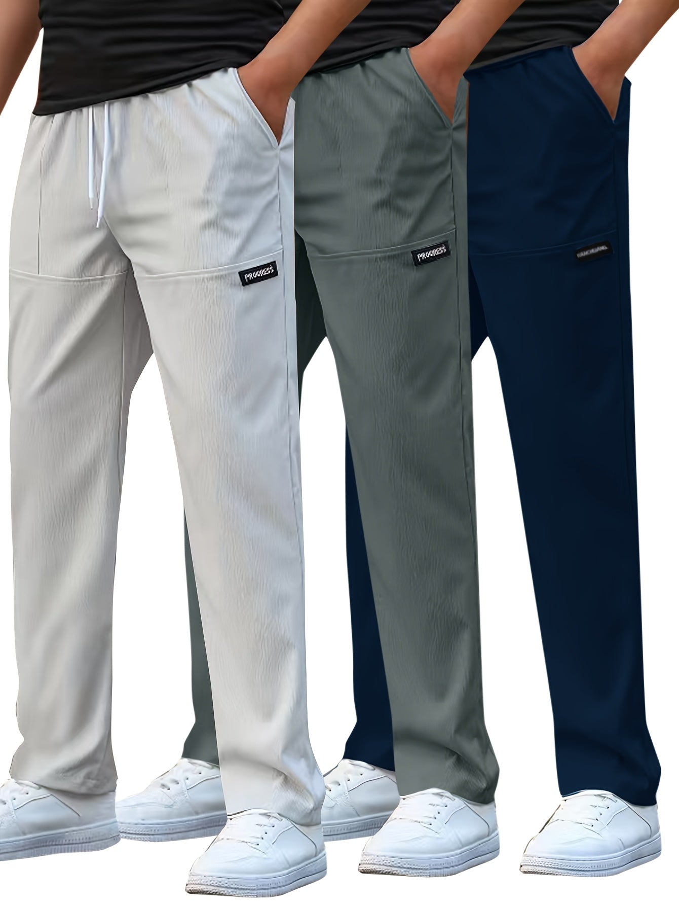 Set di 3 Pantaloni Casual da Uomo Leggeri - Gamba Dritta, Vita con Coulisse, Colore Unito (Nero, Grigio, Bianco), Abbigliamento da Lavoro Primavera/Estate, Lavabili in Lavatrice