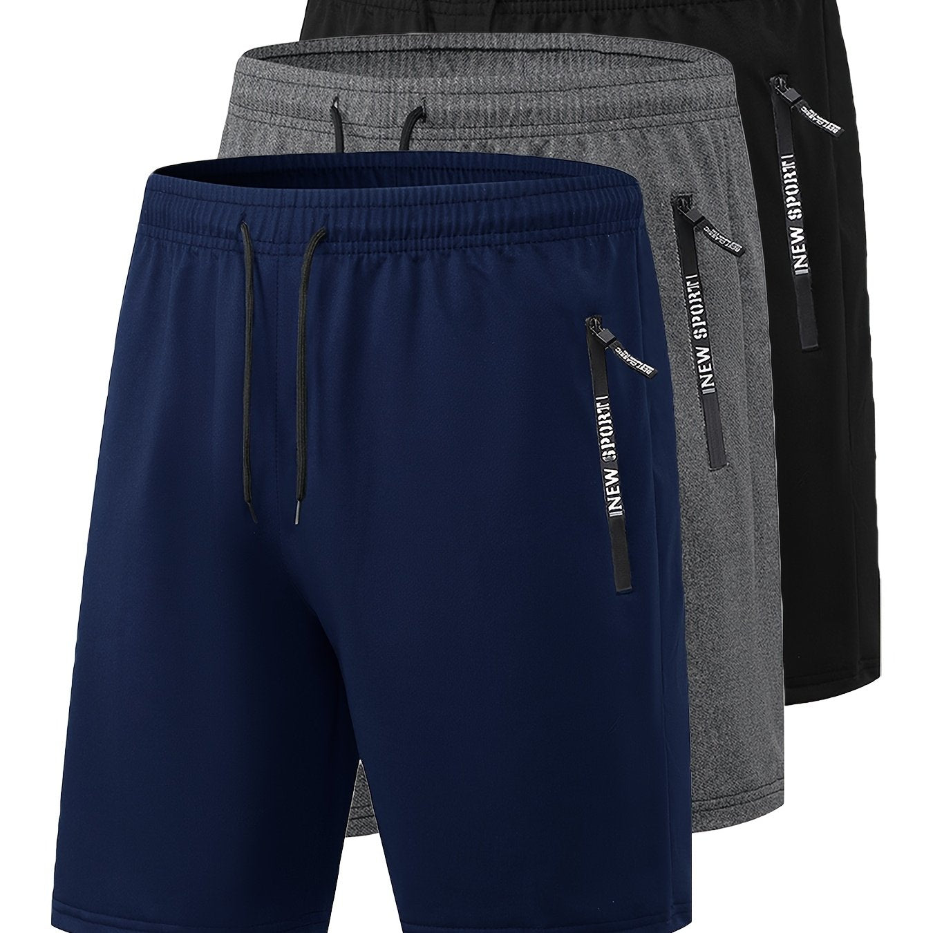 Set di 3 pantaloncini sportivi casual estivi da uomo con elastico in vita e coulisse, con tasche con cerniera, ideali per allenamenti, corsa, palestra e sport all'aria aperta.