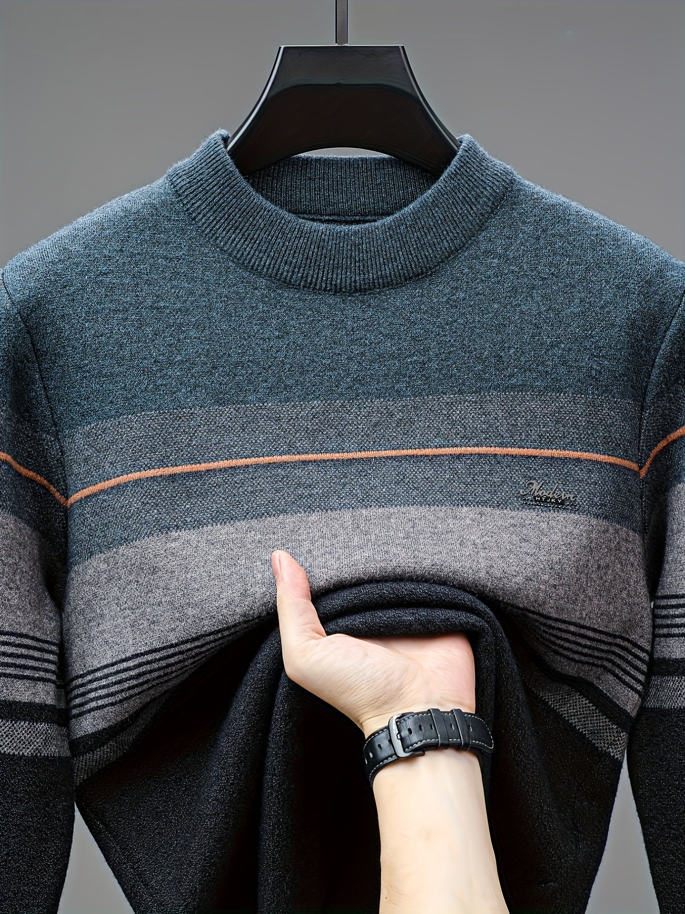 Maglione a maniche lunghe da uomo in maglia - Morbido pullover elasticizzato con strisce marroni/orizzontali, maglione invernale a girocollo per outfit di tutti i giorni e formali, regalo ideale per la festa del papà, marito, fidanzato - Abbigliamento aut