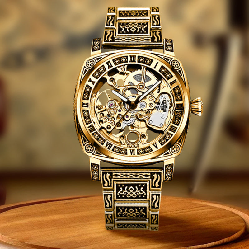 1pc Orologio meccanico creativo a striscia di acciaio giallo per uomo giovane, senza batteria
