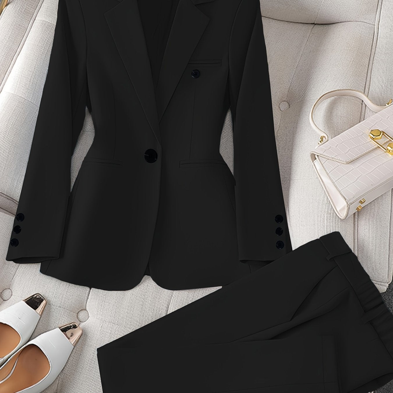 Women'S Casual Two-Piece Set, Stylish Business Solid Color Long Sleeve Suit Jacket and Pants Set, Polyester, Lapel Collar, Regular Fit, All Season, with Optional Handbag and Earrings, for Fashionable Workwear, Business Attire|Sleek Formal Attire|Polyester