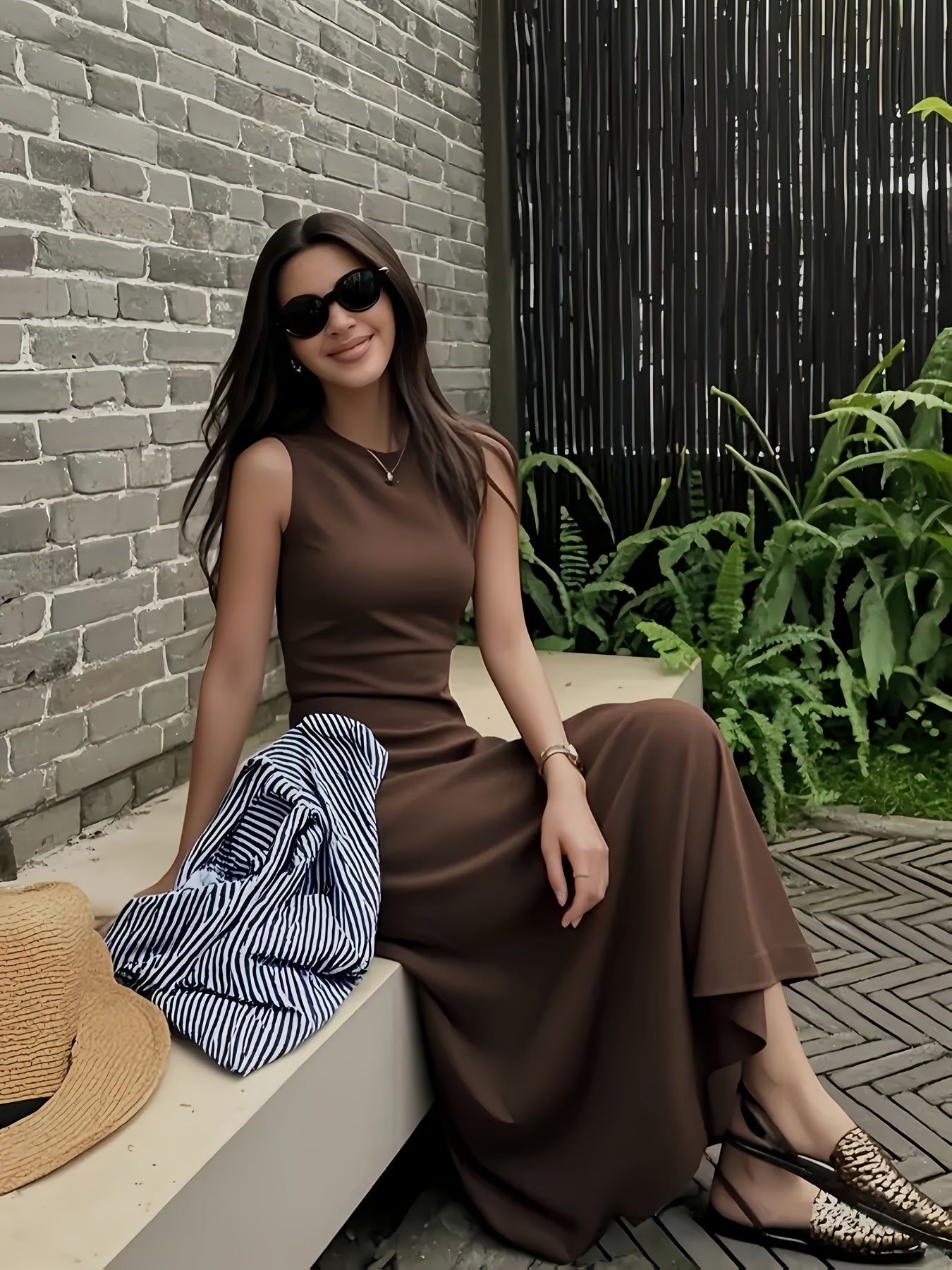 Women's Elegant Sleeveless Maxi dress - Formal to Casual Outfits, Machine Washable Deep Brown Dress for Vacation, Office, Parties - Flattering Fit Everyday & Special Occasions
