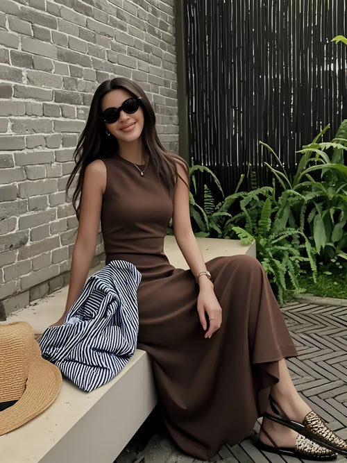 Women's Elegant Sleeveless Maxi dress - Formal to Casual Outfits, Machine Washable Deep Brown Dress for Vacation, Office, Parties - Flattering Fit Everyday & Special Occasions