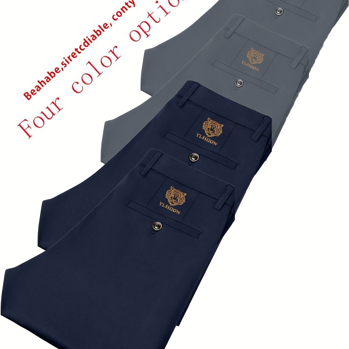 4pcs Pantaloni Eleganti Casual da Uomo a Gamba Dritta - Tessuto Elasticizzato Poliestere/Elastan, Tasche con Stampa Animalier, Comfort per Tutte le Stagioni, Solo Lavaggio a Mano (Beige/Navy/Grigio Carbone/Rosso)