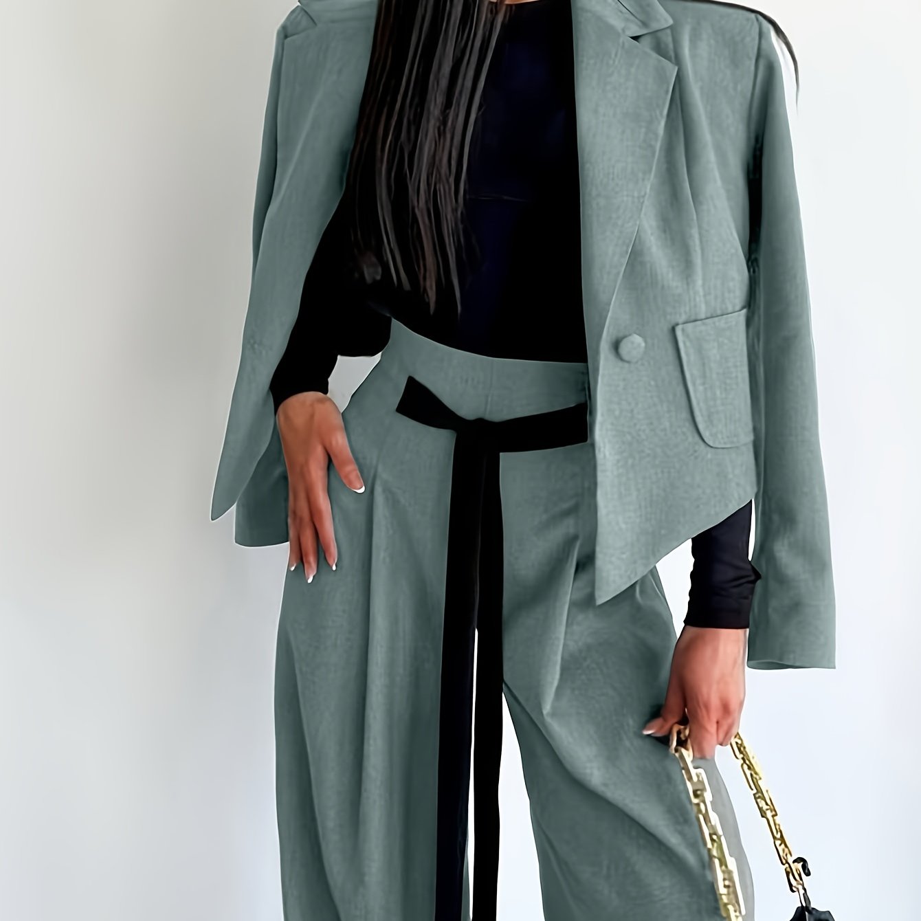 BK052044 Elegant Suit Jacket and Waist-Tie Loose Straight-Leg Wide-Leg Pants Women's Two-Piece Suit