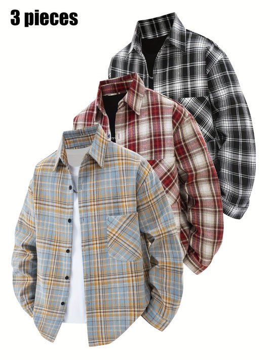 Set di 3 camicie a quadri da uomo - Camicie casual a vestibilità ampia con bottoni, colletto, maniche lunghe e tasche sul petto per abbigliamento primaverile/autunnale da esterno, capispalla versatili e alla moda, abbigliamento primaverile autunnale | Des