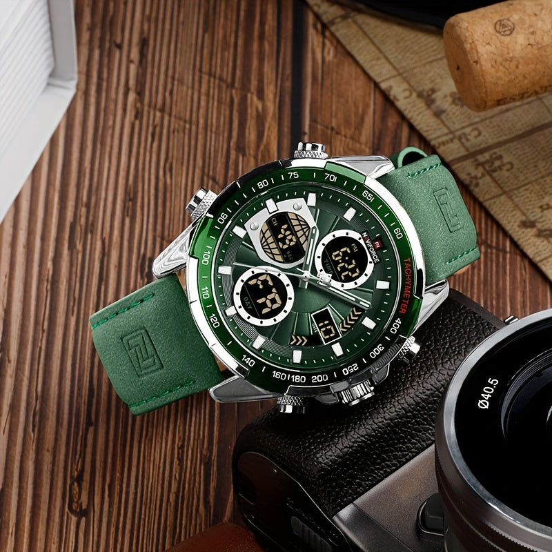 Orologio Sportivo di Lusso da Uomo NAVIFORCE al Quarzo - Impermeabile, Cinturino in Vera Pelle, Doppia Esposizione con Funzioni Data e Cronografo, Cassa in Acciaio Inossidabile, Accenti Verdi, Orologio di Lusso|Dotato di Tacimetro|Cinturino in Vera Pelle