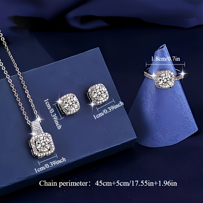 3pezzo Set di gioielli in argento placcato 925 con moissanite elegante per donne - Stile minimalista lussuoso con anello aperto, orecchini a clip, collana, perfetto per l'uso quotidiano e come regalo