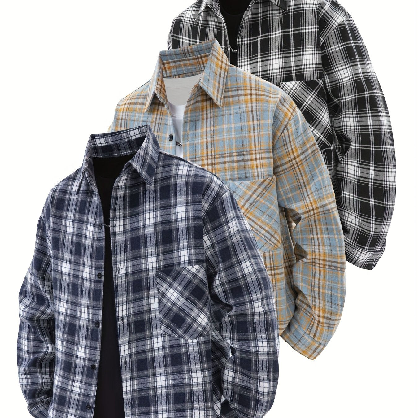 Set di 3 camicie a quadri da uomo - Camicie casual a vestibilità ampia con bottoni, colletto, maniche lunghe e tasche sul petto per abbigliamento primaverile/autunnale da esterno, capispalla versatili e alla moda, abbigliamento primaverile autunnale | Des
