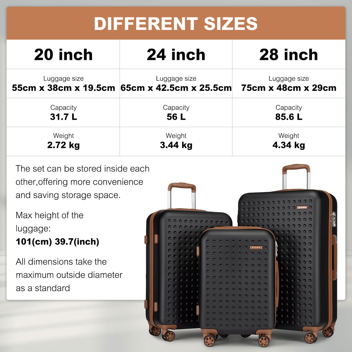 Set di 4 Valigie da 14/20/24/28 pollici Kono Elegante in ABS+PC a Pois con Guscio Rigido e Serratura TSA, Set di 4 Pezzi con Valigetta da Toilette, Bagagli da Viaggio Durevoli con Serratura TSA e Ruote Silenziose