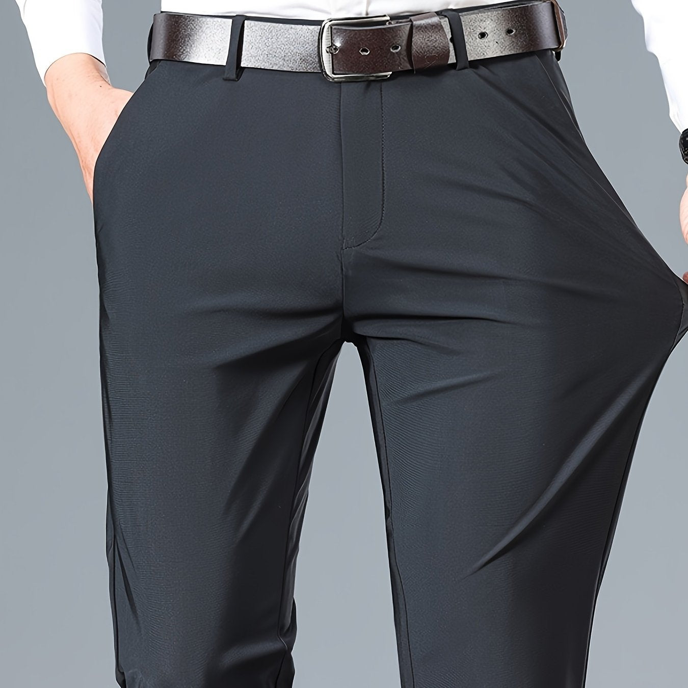 2025 Nuovi Pantaloni da Uomo in Tessuto Fibra Slicky Ice ad Alta Elasticità - tocco liscio, traspirante e elasticizzato, vestibilità regolare a vita media con dettagli di bottoni per ufficio e casual, comfort per tutte le stagioni, abbigliamento da uffici