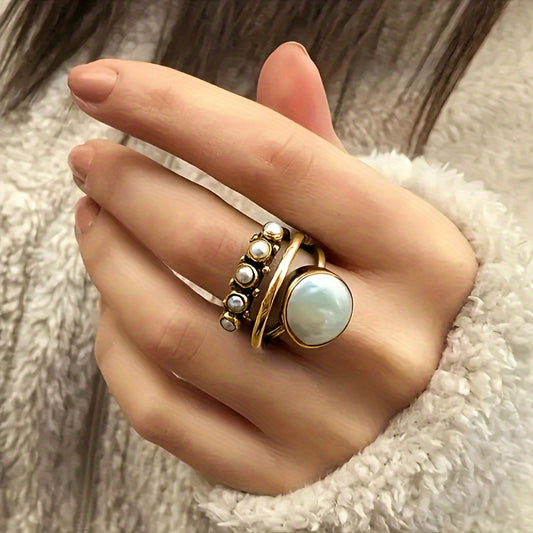 READKISS Anello Vintage Bohémien con Perla Sintetica Stratificata e Pietra di Luna, Gioielli Impilabili Placcati in Oro Bianco per Donne, Regalo di Gemma di Nascita di Giugno per San Valentino, Accessori Quotidiani e da Festa, Accessorio Versatile | Gioie