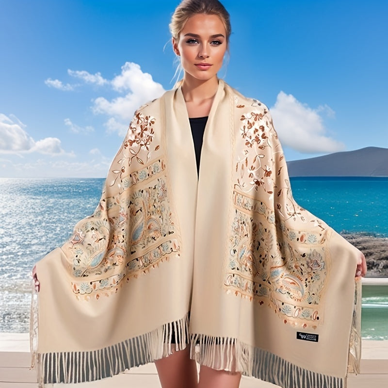 Abbigliamento esterno ricamato floreale stagionale bohemien, sciarpa ricamata in vintage per primavera e autunno, scialle versatile, sciarpa etnica, scialle di grandi dimensioni per il calore.