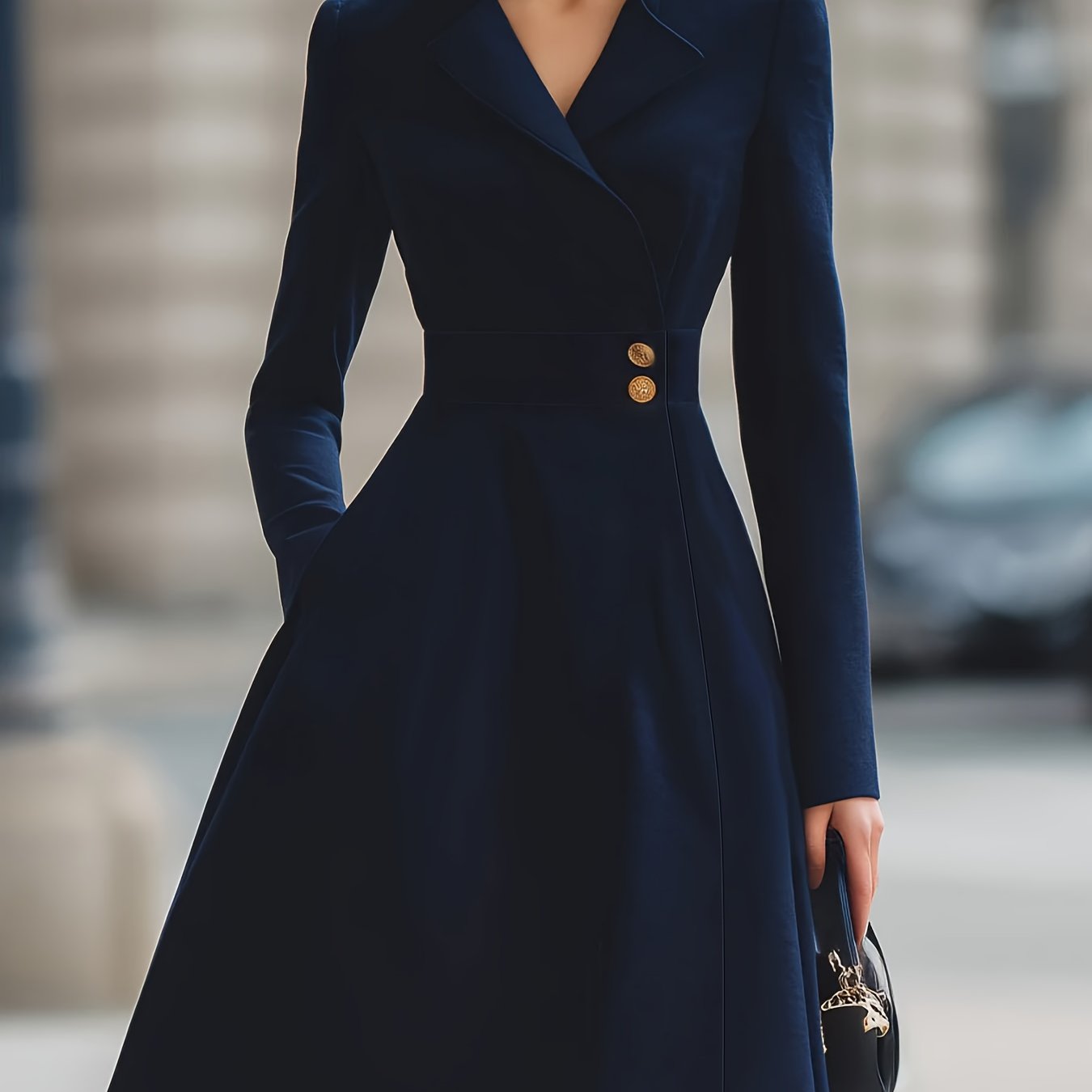 Women'S Elegant A-Line Maxi Dress with Pockets - High Neck, Long Sleeve, Button-Up Front, Flowy Hem, Perfect for All Seasons, Casual to Formal Wear
