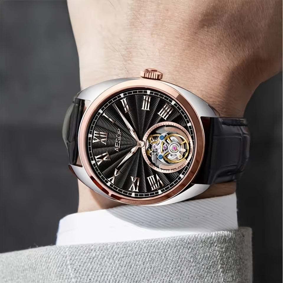 Orologio Meccanico di Lusso AESOP Uomo - Movimento True Flying Tourbillon, Carica Manuale con Quadrante Blu e Numeri Romani, Cassa in Acciaio Inossidabile, per Abbigliamento Formale e Casual - Regalo Ideale per Appassionati di Orologi, Design Elegante, Ar