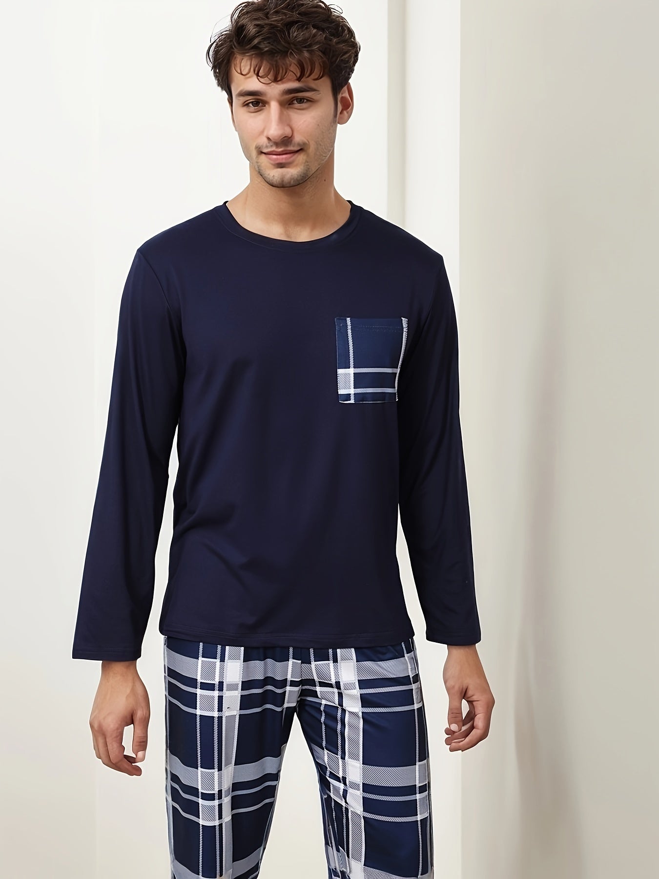 Set Pigiama Casual da Uomo - T-Shirt a Maniche Lunghe con Collo Rotondo & Pantaloni a Quadri, Misto Poliestere Morbido, Perfetto per la Primavera/Autunno