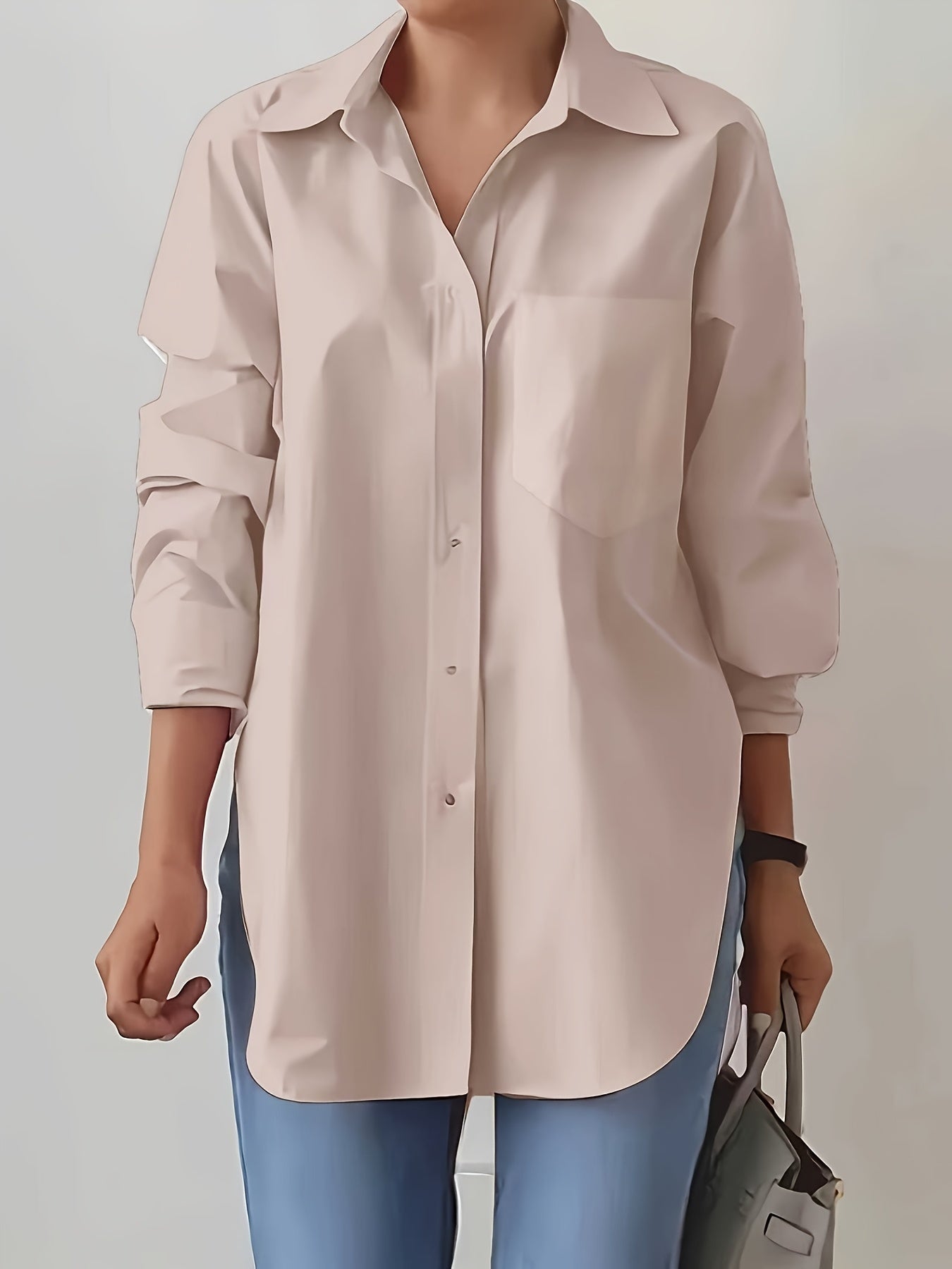 Women'S Elegant Solid Color Button-Up Shirt with Long Sleeves - Red, Casual Style, Perfect for Spring/Summer, Casual Attire|Elegant Buttonup|Long Sleeve Shirt