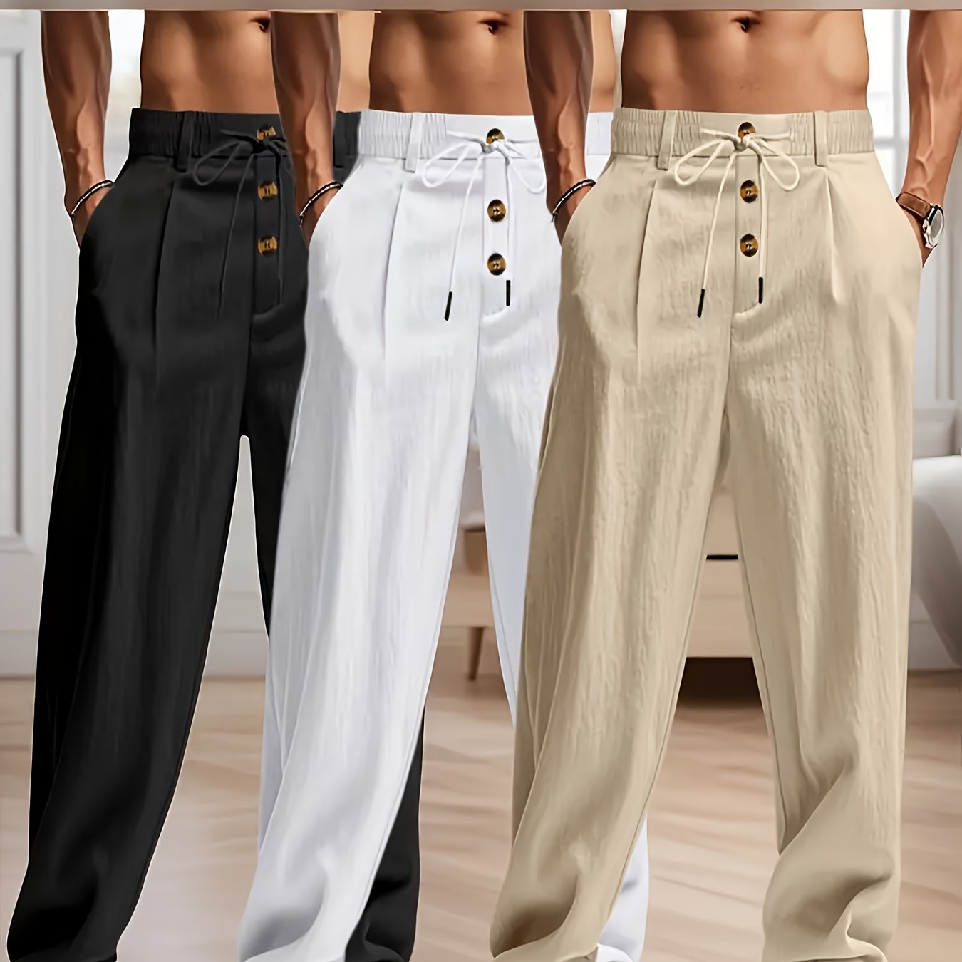 3pcs Pantaloni Casual in Lino Leggeri da Uomo - Vestibilità Rilassata Traspirante con Vita Elastica e Chiusura a Bottone, Tessuto Non Elasticizzato per Abbigliamento da Spiaggia Esterno, Comfort Tutte le Stagioni (Beige/Verde/Azzurro), Pantaloni da Spiagg