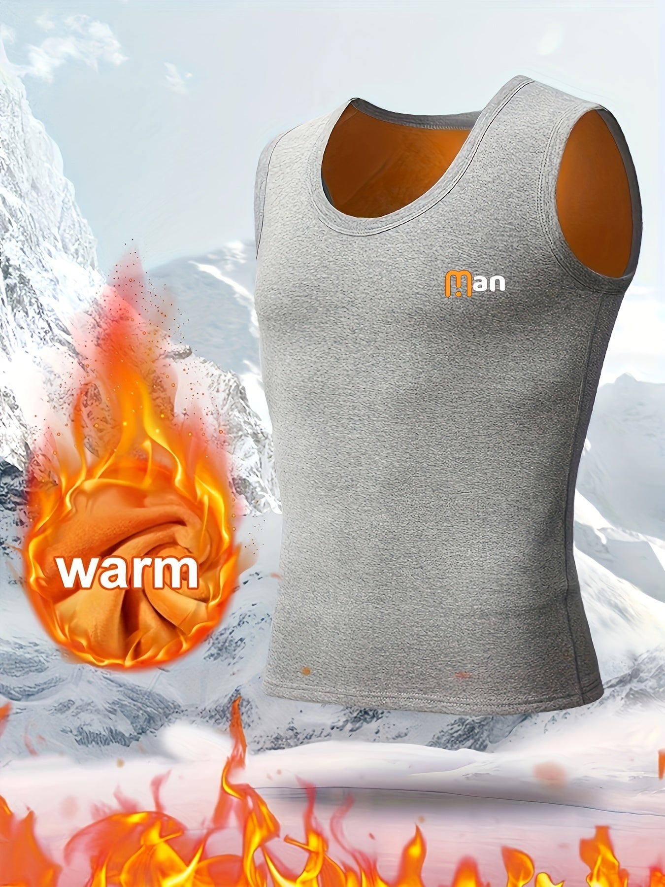 1pz Top da uomo termico foderato in fleece, stampa "MAN", gilet caldo autunno/inverno, impermeabile, poliestere 95% elastano 5%, tessuto a maglia, medio stretch, strato base atletico, spesso