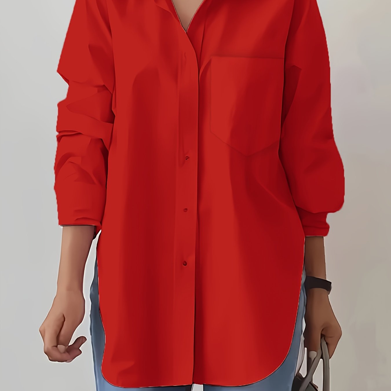 Women'S Elegant Solid Color Button-Up Shirt with Long Sleeves - Red, Casual Style, Perfect for Spring/Summer, Casual Attire|Elegant Buttonup|Long Sleeve Shirt