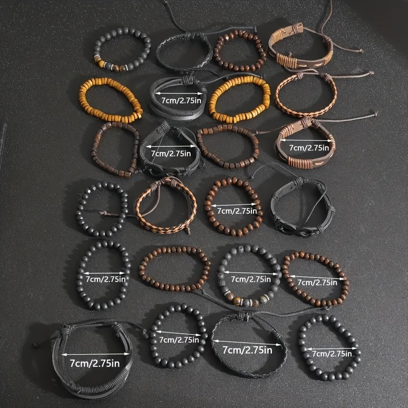 24 pezzi Set di Accessori di Moda da Uomo, Braccialetti in Pelle Sintetica e Perline di Legno in Stile Street, Design Versatili a Strati per Abbigliamento Casual, con Confezione Multipla per Regali (Scatola Non Inclusa)