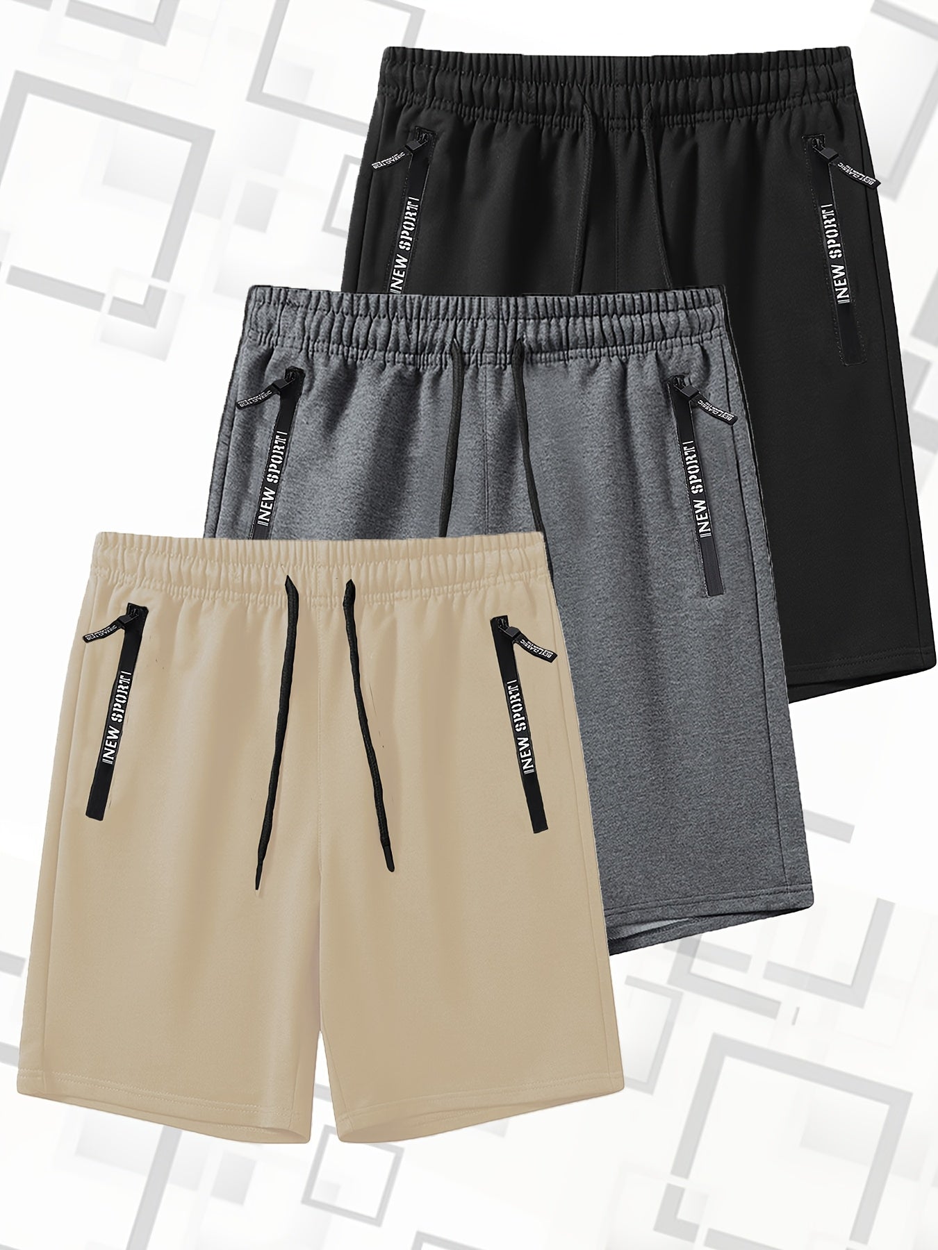 Set di 3 pantaloncini sportivi casual estivi da uomo con elastico in vita e coulisse, con tasche con cerniera, ideali per allenamenti, corsa, palestra e sport all'aria aperta.