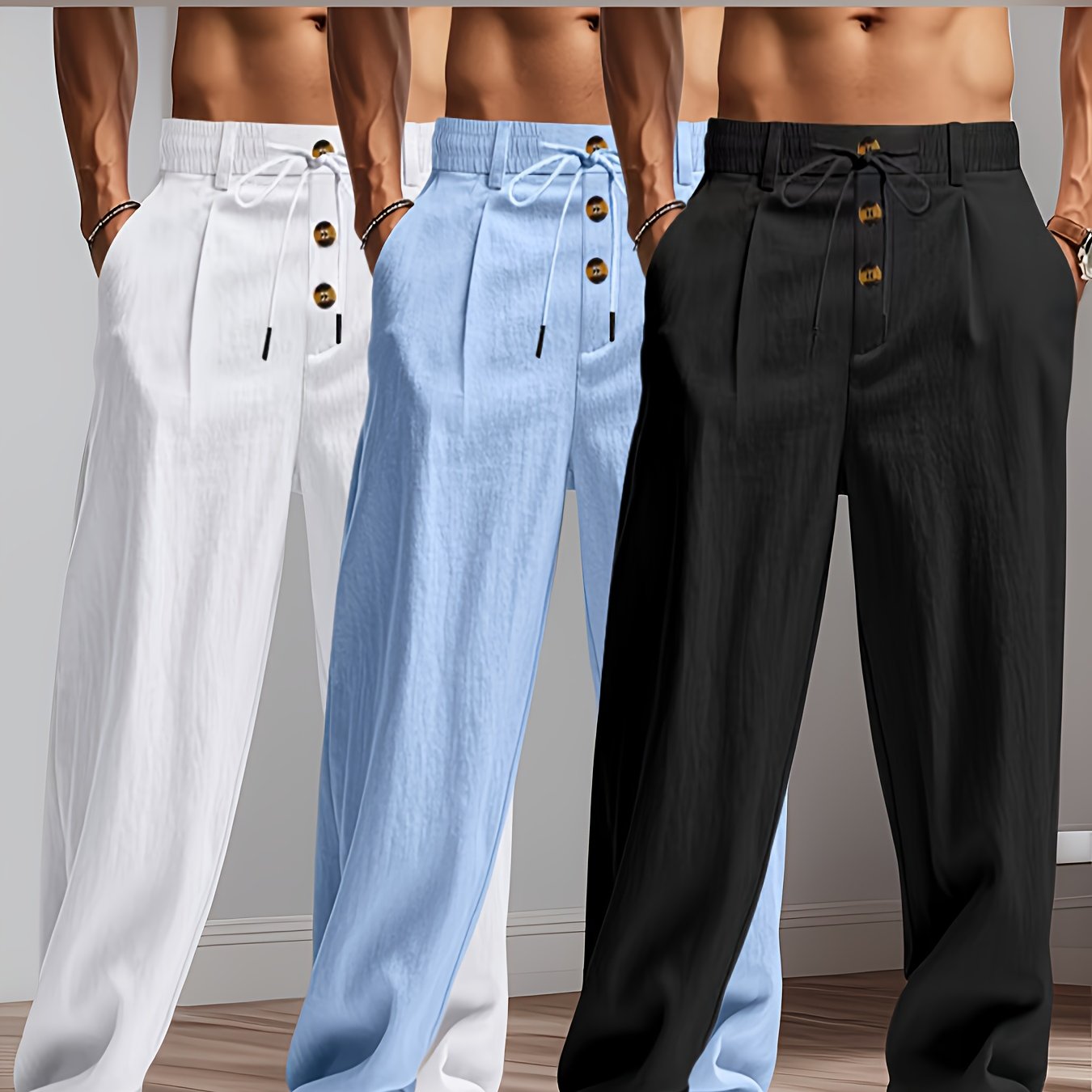 3pcs Pantaloni Casual in Lino Leggeri da Uomo - Vestibilità Rilassata Traspirante con Vita Elastica e Chiusura a Bottone, Tessuto Non Elasticizzato per Abbigliamento da Spiaggia Esterno, Comfort Tutte le Stagioni (Beige/Verde/Azzurro), Pantaloni da Spiagg