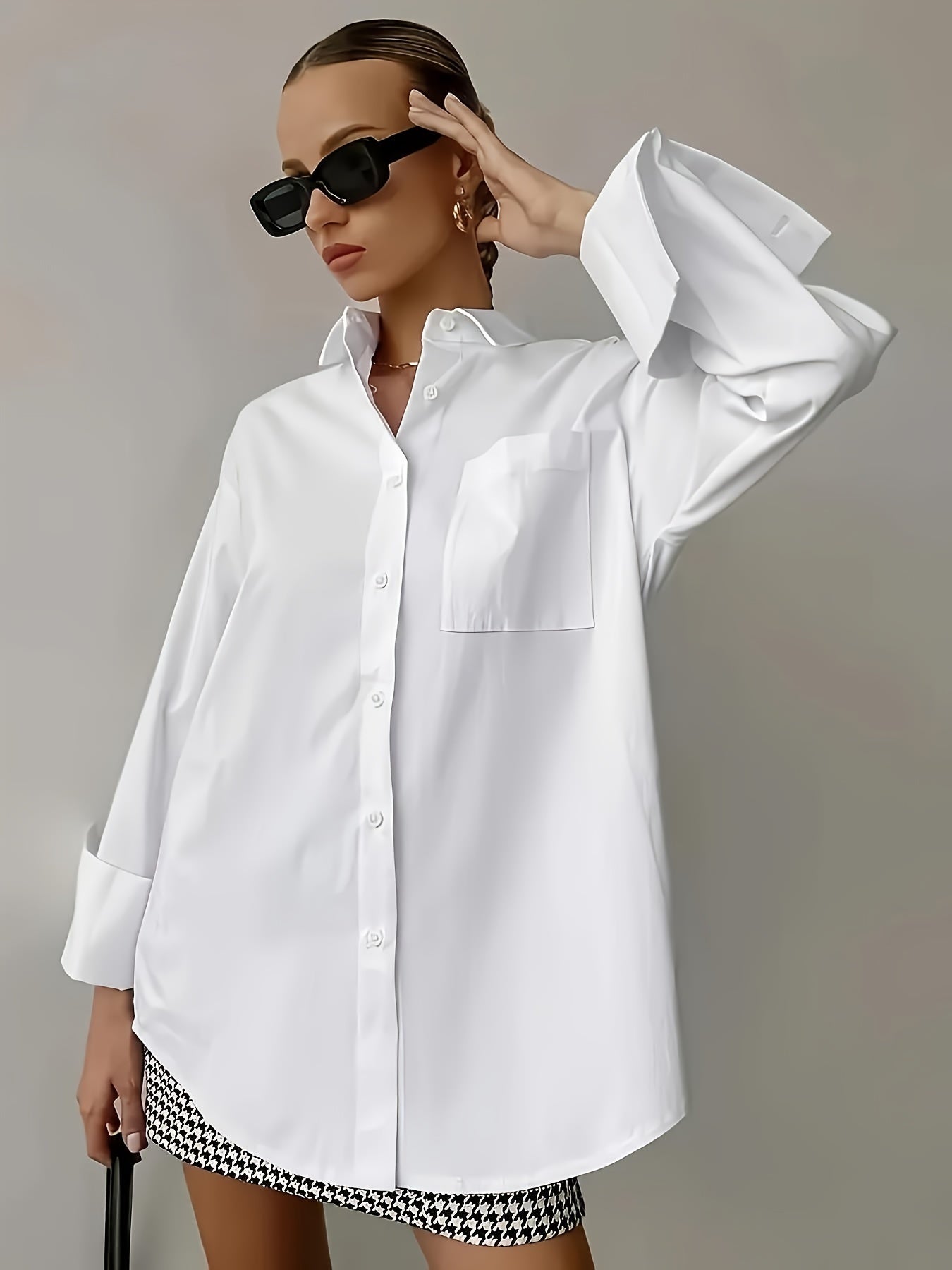 Stile Senza Sforzo, Camicia Bianca Elegante da Donna con Tasca - Manica Lunga, Colletto con Bottoni, Poliestere Non Elasticizzato - Lavabile in Lavatrice