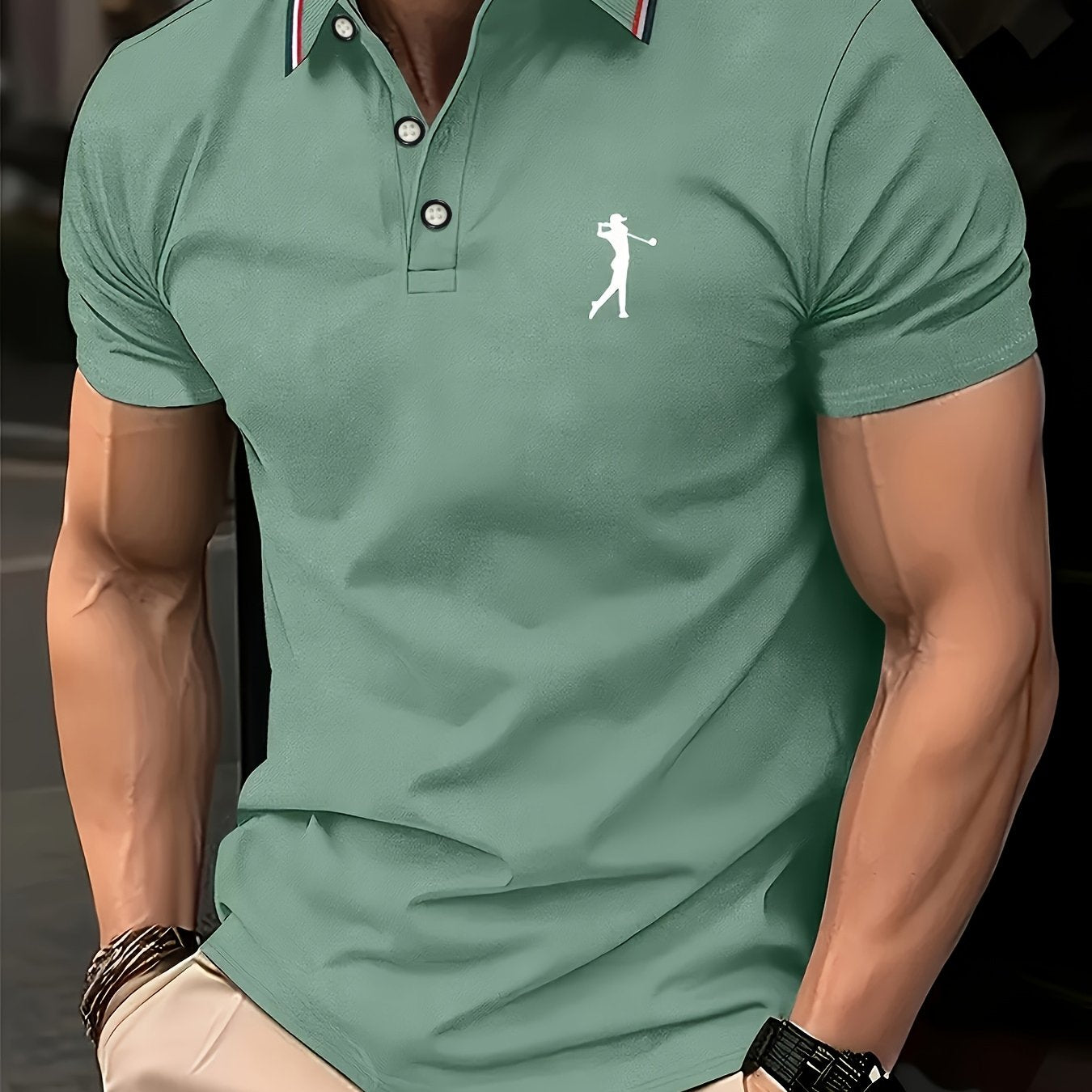 Maglietta da Uomo a Maniche Corte Bianca con Stampa Rosso per Golf, Colletto e Polsini a Righe, Tessuto Traspirante per Estate e Abbigliamento Casual, Lavabile in Lavatrice, Vestibilità Regolare