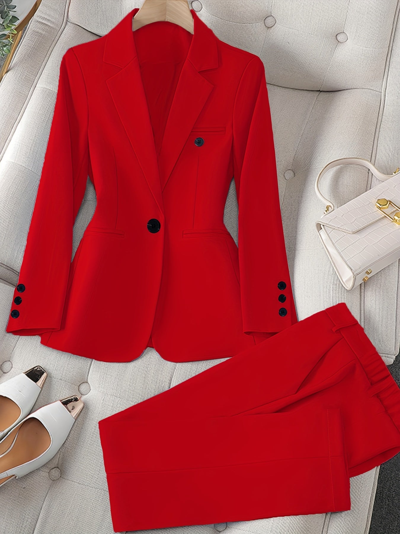 Women'S Casual Two-Piece Set, Stylish Business Solid Color Long Sleeve Suit Jacket and Pants Set, Polyester, Lapel Collar, Regular Fit, All Season, with Optional Handbag and Earrings, for Fashionable Workwear, Business Attire|Sleek Formal Attire|Polyester