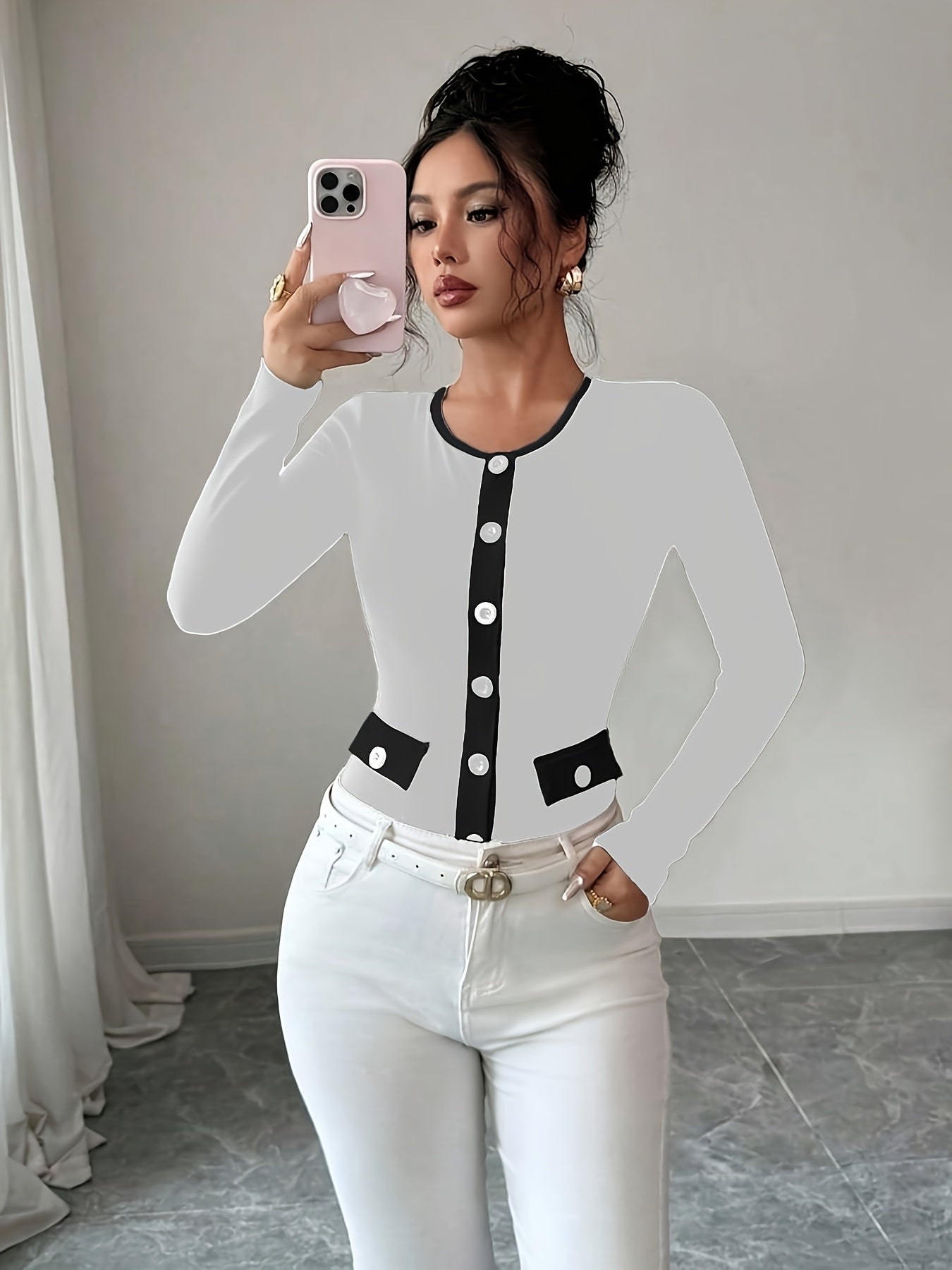 Women's Elegant Black & White Contrast Long Sleeve T-Shirt with Round Neck & Decorative Collar - Mid-Stretch Office to Casual Top, Faux Pocket Design, Spring/Fall Wardrobe Essential (Hand Washable, Non-See-Through)