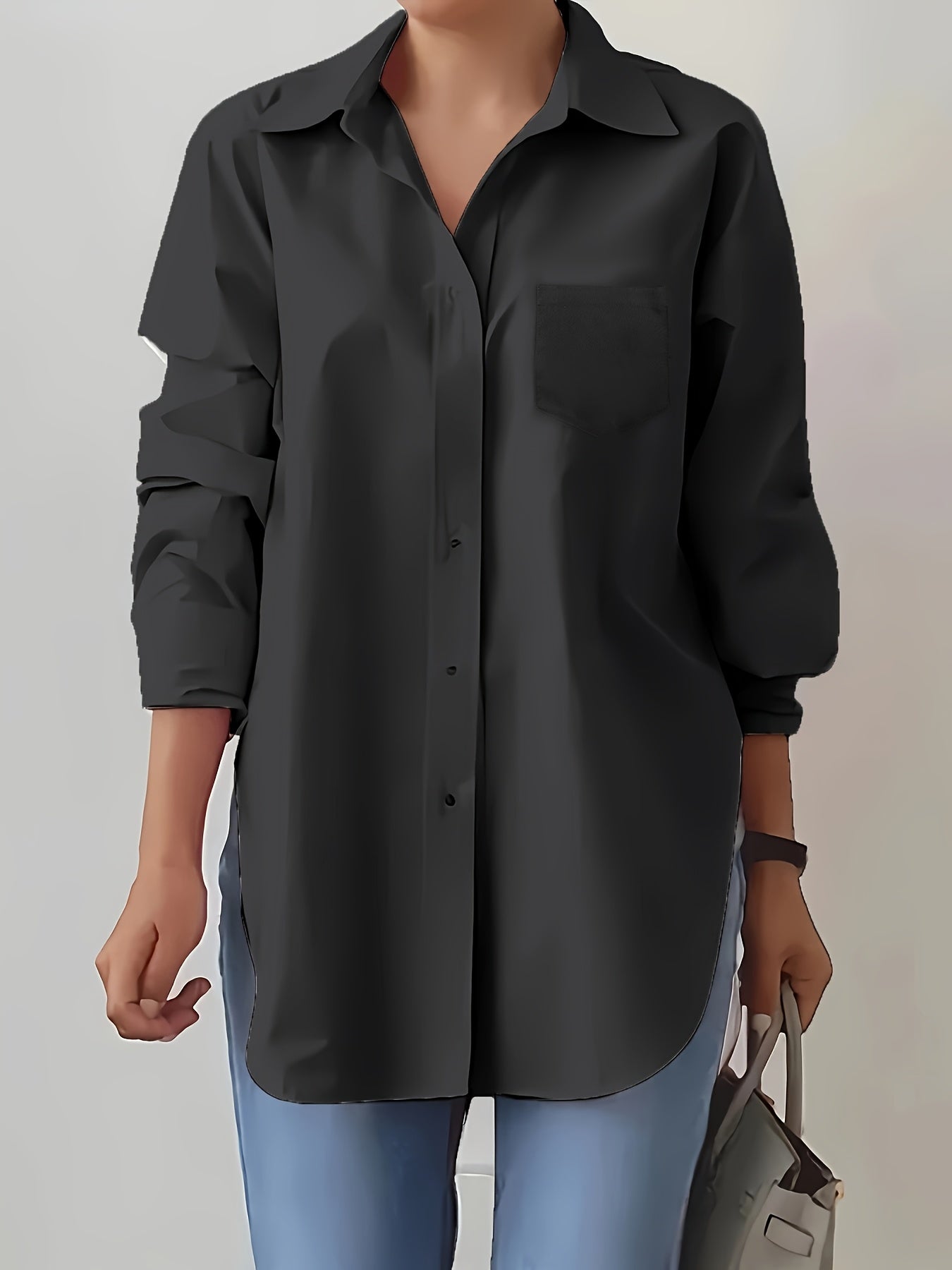 Women'S Elegant Solid Color Button-Up Shirt with Long Sleeves - Red, Casual Style, Perfect for Spring/Summer, Casual Attire|Elegant Buttonup|Long Sleeve Shirt