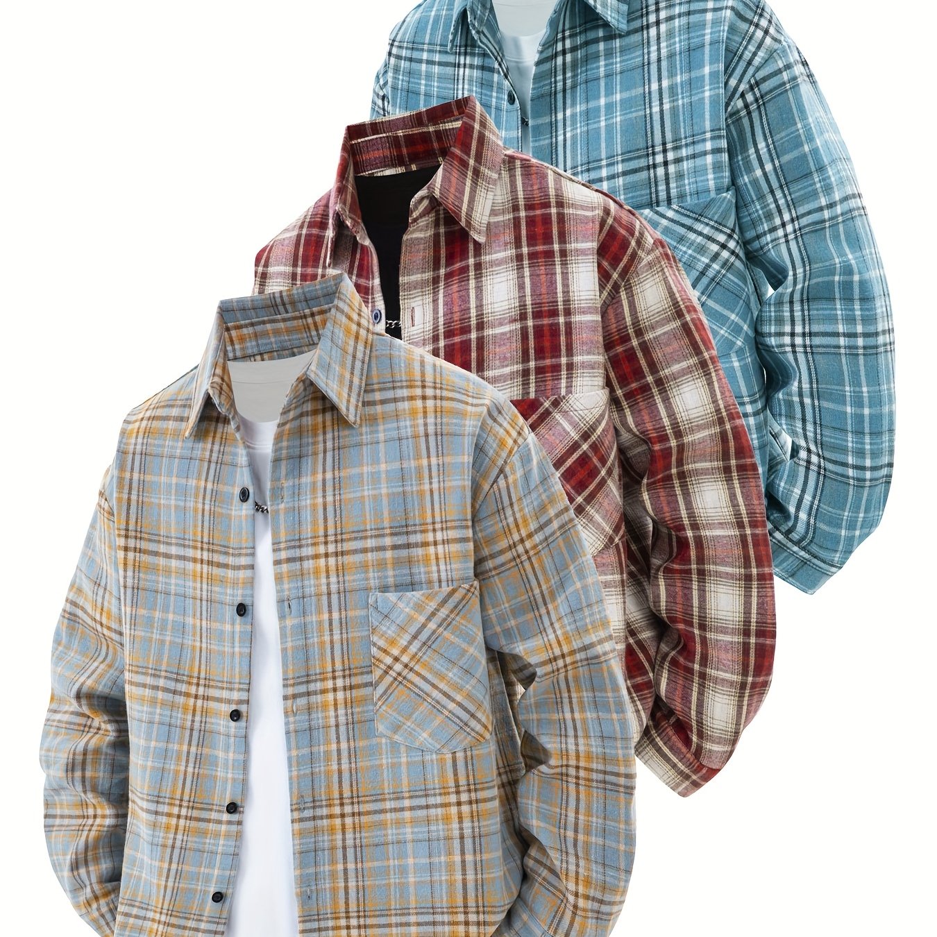 Set di 3 camicie a quadri da uomo - Camicie casual a vestibilità ampia con bottoni, colletto, maniche lunghe e tasche sul petto per abbigliamento primaverile/autunnale da esterno, capispalla versatili e alla moda, abbigliamento primaverile autunnale | Des