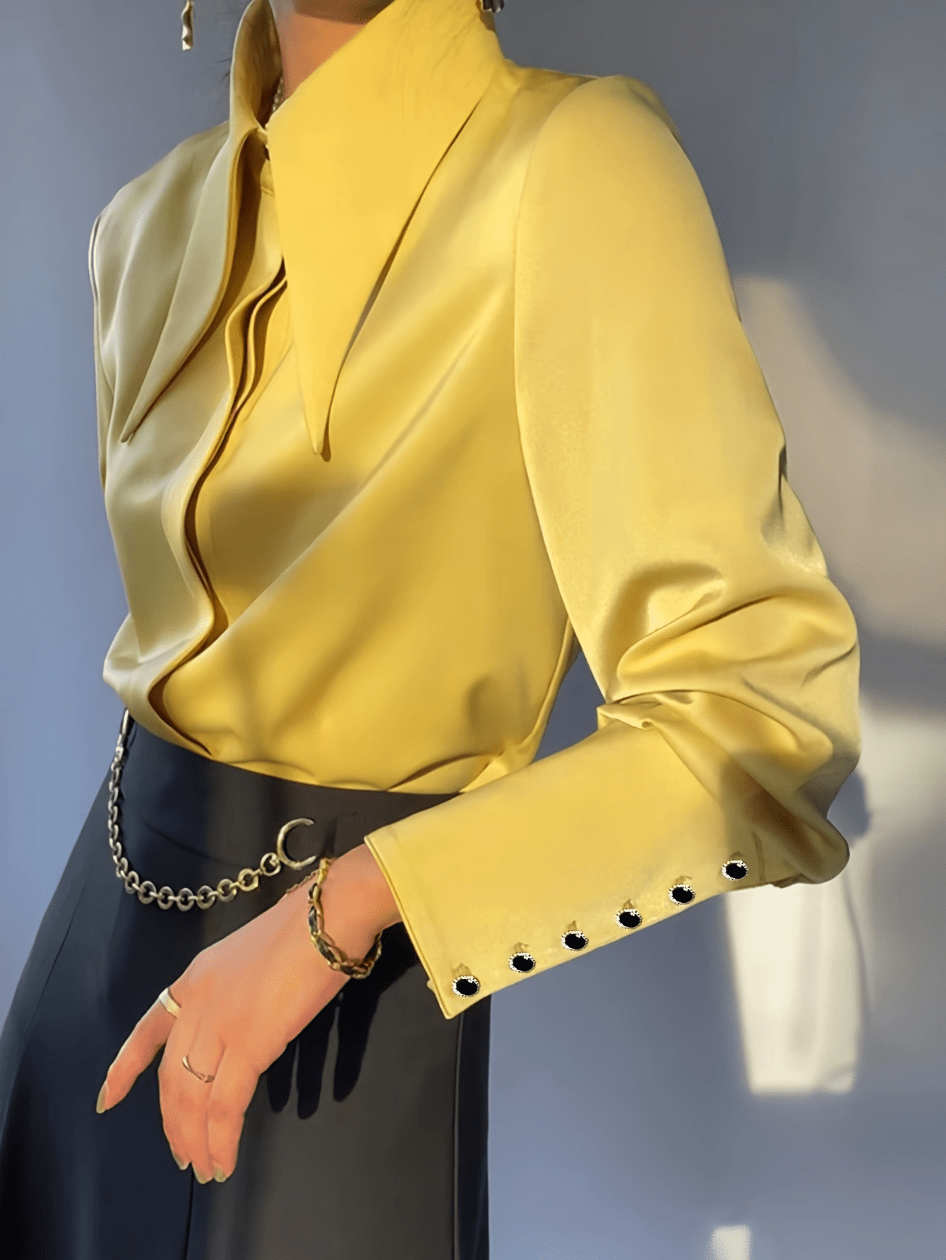 Maglia Casual Donna a Maniche Lunghe con Collo a Revers Tinta Unita