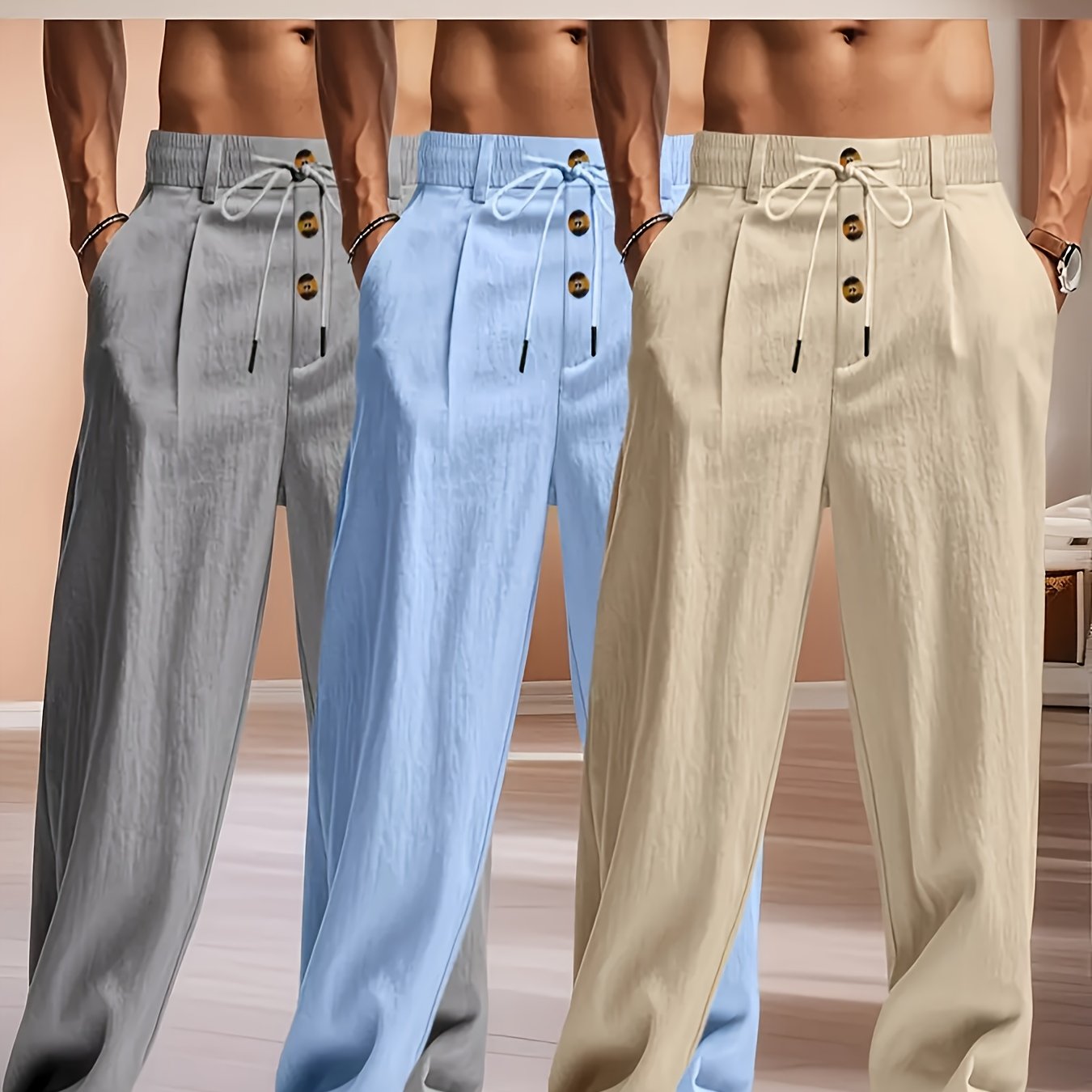 3pcs Pantaloni Casual in Lino Leggeri da Uomo - Vestibilità Rilassata Traspirante con Vita Elastica e Chiusura a Bottone, Tessuto Non Elasticizzato per Abbigliamento da Spiaggia Esterno, Comfort Tutte le Stagioni (Beige/Verde/Azzurro), Pantaloni da Spiagg